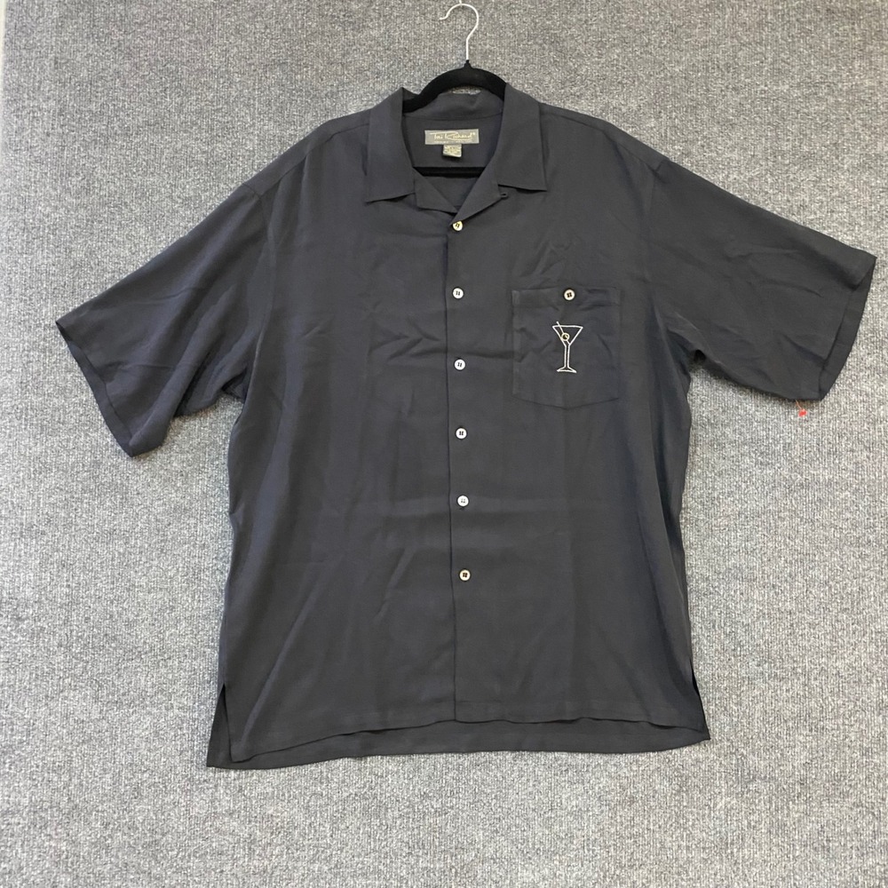 Tori Richard Mens XL Silk Camp Shirt Black Martini Chill Out Embroidered Aloha